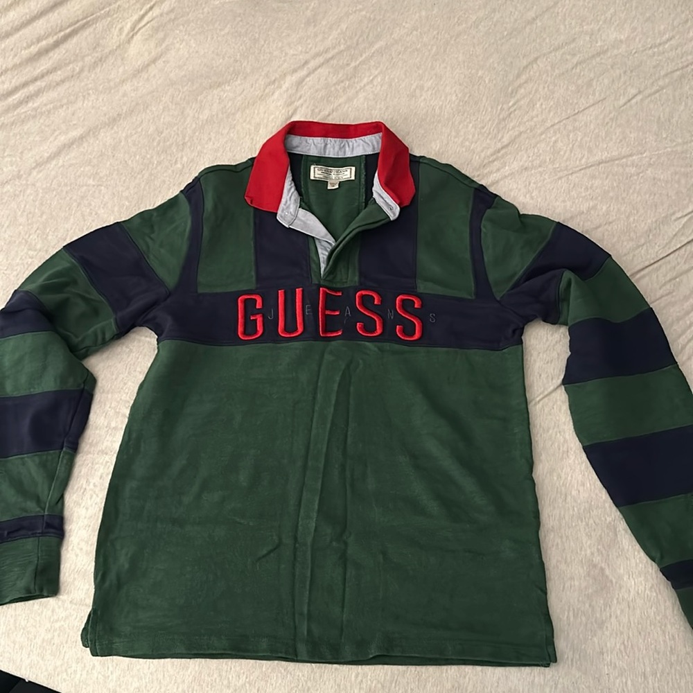 Guess Jeans Long Sleeve Rugby Shirt Green and Navy Striped Sleeves Red Collar XS